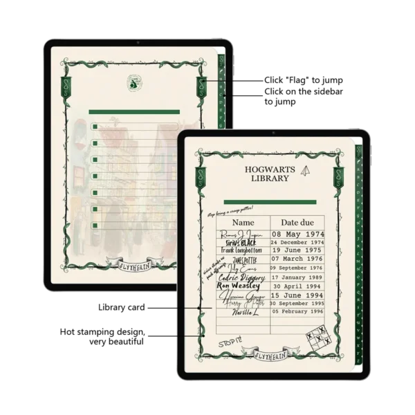 Slytherin Theme Digital Notebook Template-Library Card