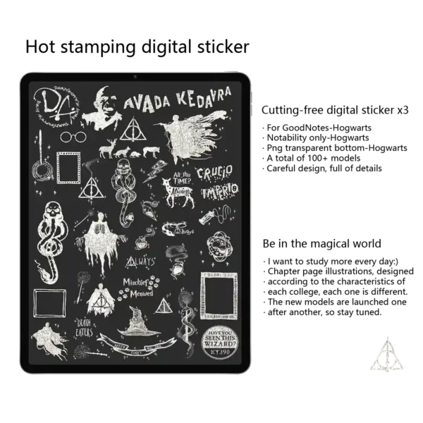 A collection of wizarding-themed no-cut stickers for the digital weekly.