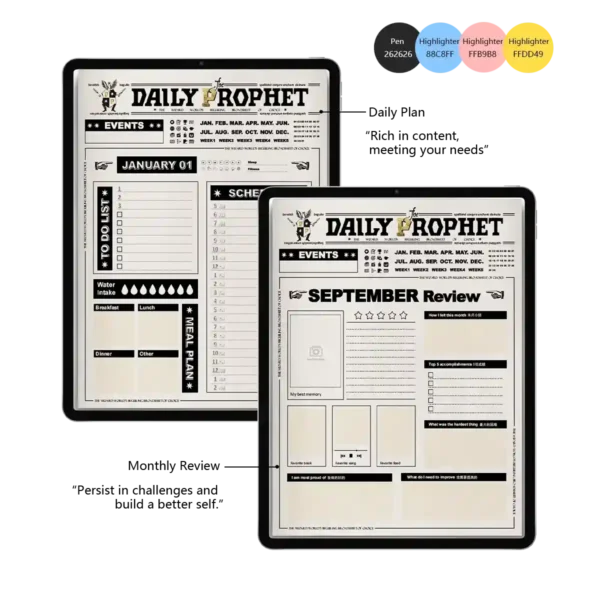 A daily digital planner interface featuring a comprehensive "Daily Plan" with a schedule, meal plan, and water intake tracker, alongside a "September Review" page for monthly reflection and goal assessment in a Daily Prophet theme.