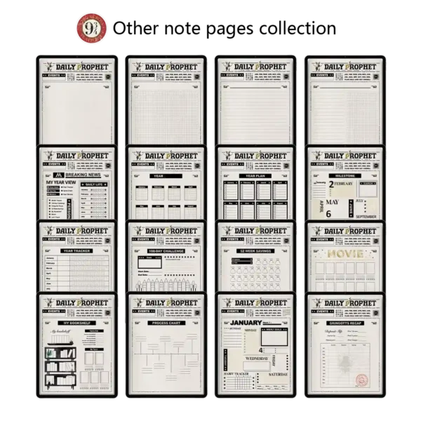 Daily planner undated comprehensive layout collection featuring the Daily Plan, Weekly Time Plan, Weekly Newspaper Plan, undated monthly planner review, and specialized trackers for goals, reading, and travel on a vintage parchment background.