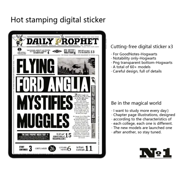 Daily planner undated bonus sticker pack featuring "Daily Prophet" inspired magical newspaper headlines, vintage parchment memos, and decorative wizarding icons, pre-cropped for Goodnotes and provided in PNG format.