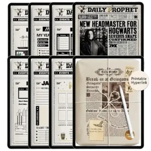 Daily Prophet digital planner for iPad Goodnotes featuring a collection of magical newspaper-themed templates, including habit trackers, monthly reviews, and a digital reading journal displayed on multiple tablets.