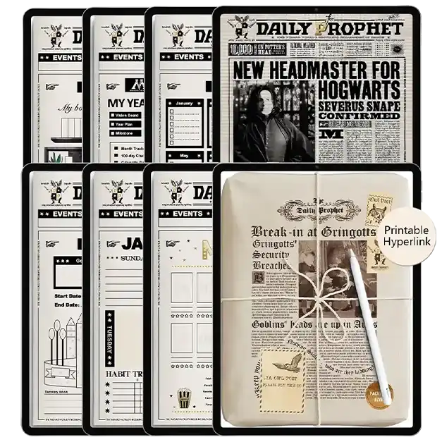 Daily Prophet digital planner for iPad Goodnotes featuring a collection of magical newspaper-themed templates, including habit trackers, monthly reviews, and a digital reading journal displayed on multiple tablets.