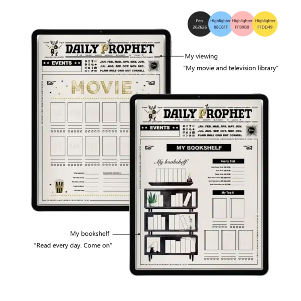A digital reading journal layout within a daily planner undated, featuring a visual "My Bookshelf" with customizable book spines and a "My Viewing" movie library section with star ratings, all in a vintage Daily Prophet newspaper style.