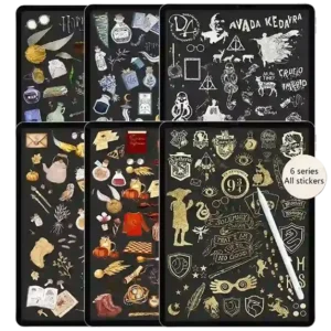 6-in-1 collage of Harry Potter stickers packs featuring all house themes.