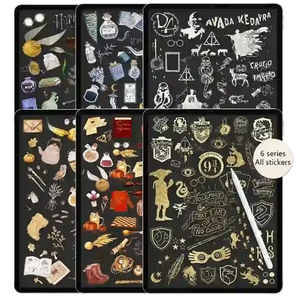 6-in-1 collage of Harry Potter stickers packs featuring all house themes.