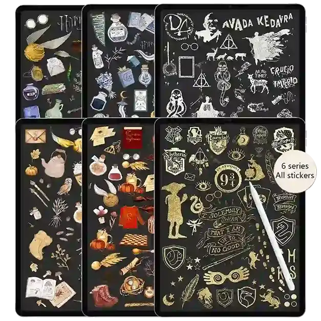 6-in-1 collage of Harry Potter stickers packs featuring all house themes.