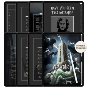 The digital weekly Azkaban edition digital planner on an iPad Pro with a dark leather cover.