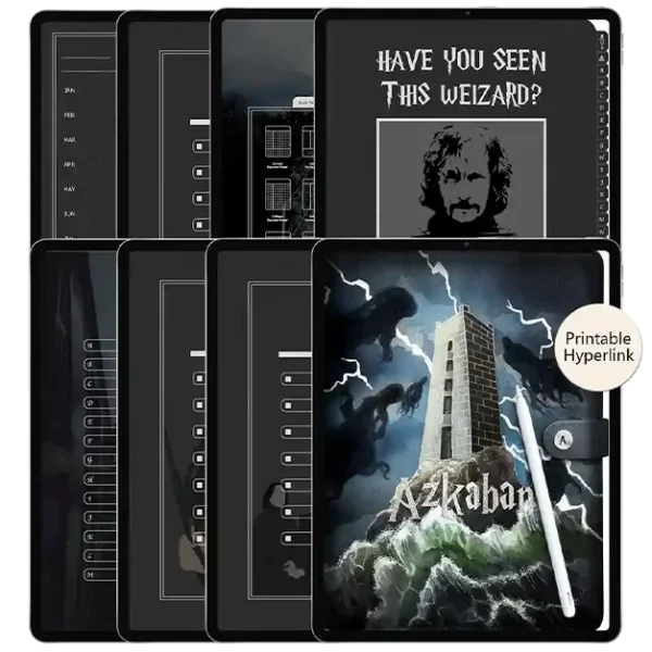 The digital weekly Azkaban edition digital planner on an iPad Pro with a dark leather cover.