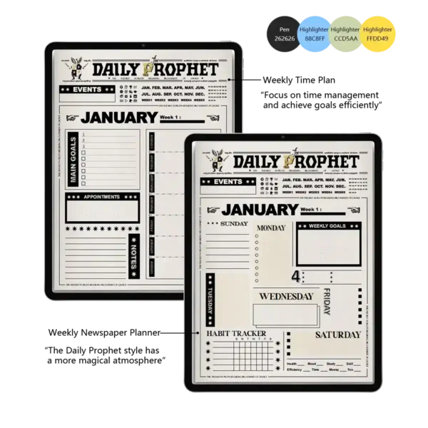 Two iPad screens displaying weekly digital planner layouts in a Daily Prophet theme. One shows a "Weekly Time Plan" for hourly scheduling and goal achievement, and the other shows a "Weekly Newspaper Planner" with a habit tracker and sections for daily notes and focus.