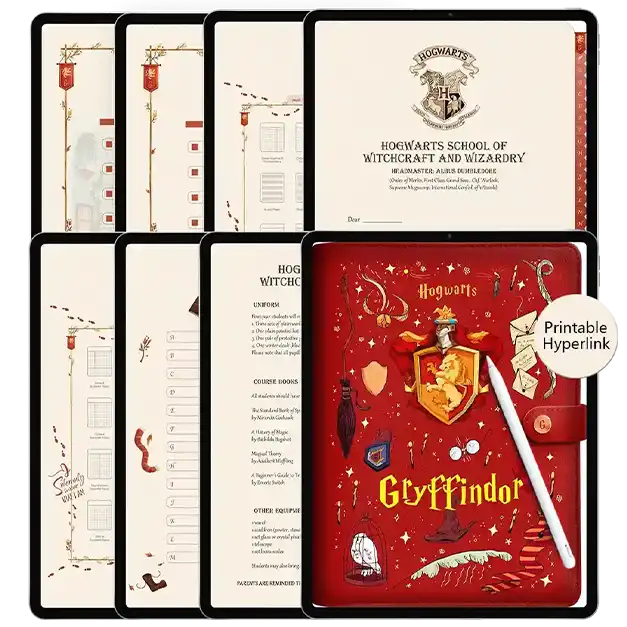 Ultimate Gryffindor themed student planners shown on an iPad with an Apple Pencil.