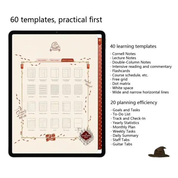 Gryffindor-themed digital planner for students with Goodnotes templates, compatible with iPad and Notability, ideal for simplified planning.
