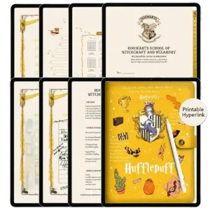 Hufflepuff edition digital vertical weekly planner for iPad with Hogwarts crest and leather texture.