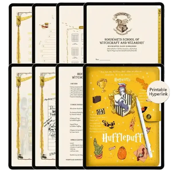 Hufflepuff edition digital vertical weekly planner for iPad with Hogwarts crest and leather texture.