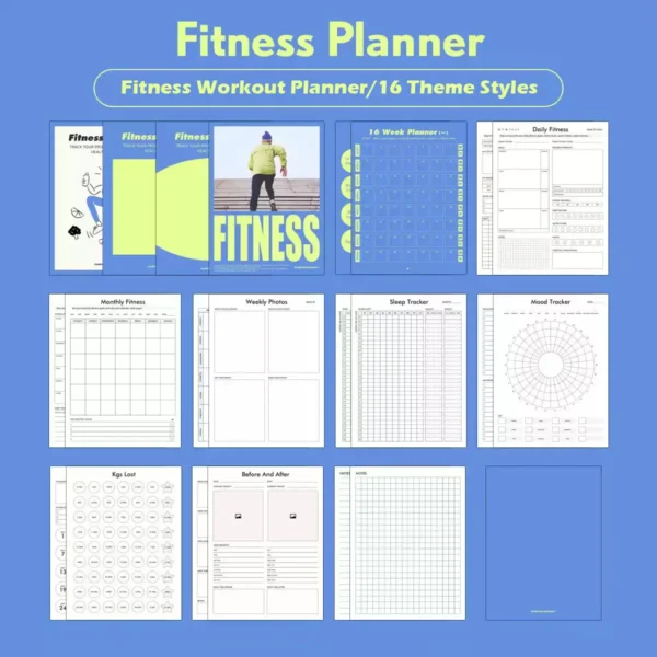 Grid view of 16 different theme styles for the fitness journal and planner.