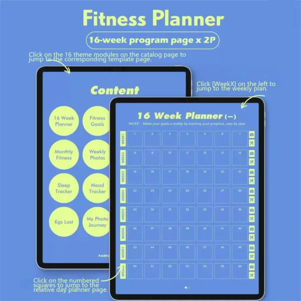 The 16-week program overview page with hyperlinked week and day buttons.