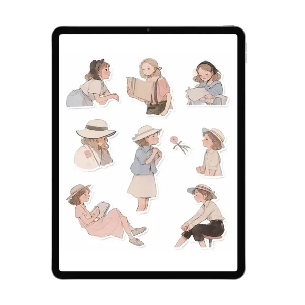 Anime girl stickers used as calendar stickers in a monthly layout.