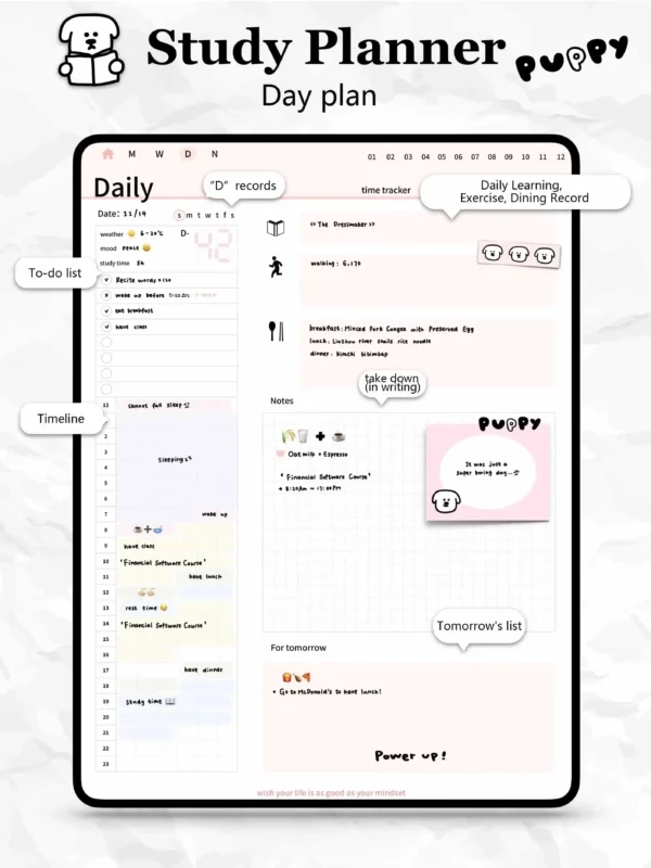 Detailed daily plan page with timeline, meal record, and exercise log