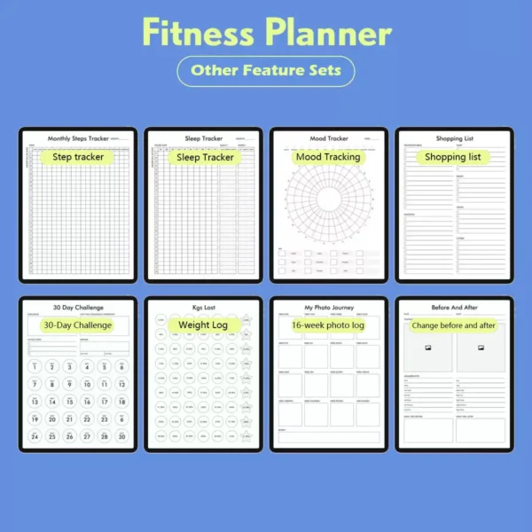Collage of meal plans, sleep trackers, and weight logs in the planner for fitness.