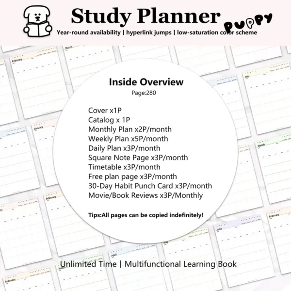 Text overlay listing 280 pages including Monthly, Weekly, and Daily plans
