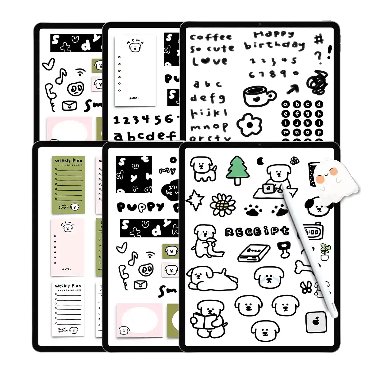 6-in-1 collage of free goodnotes stickers showing puppies, numbers, and memos.