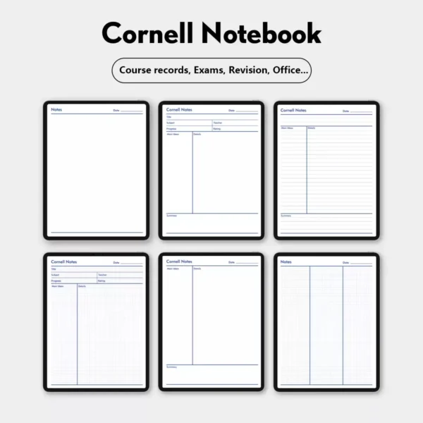 Cornell notebook pages showing course records, exams, and revision layouts.