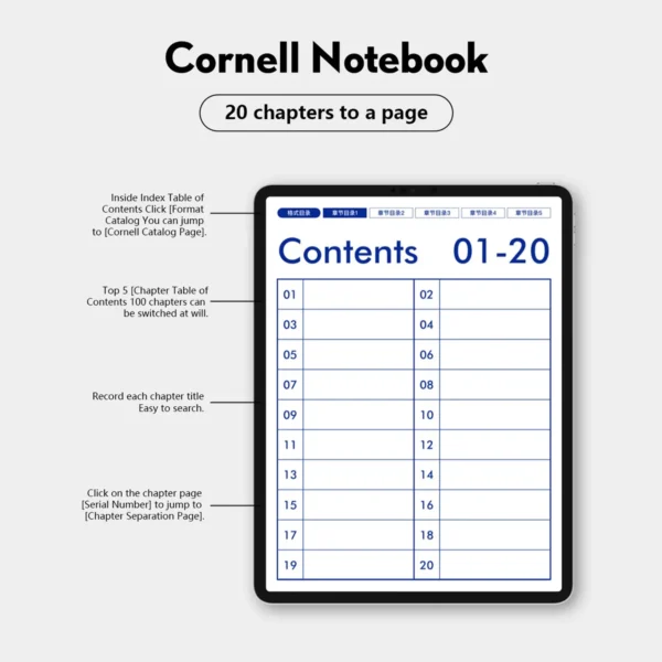 Index page showing 20 chapters per page for easy topic retrieval.