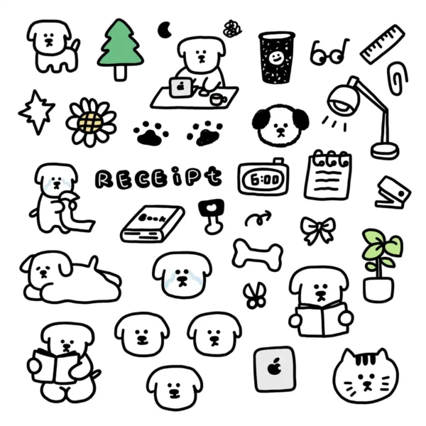 A collection of adorable hand-drawn dog stickers with various expressions.