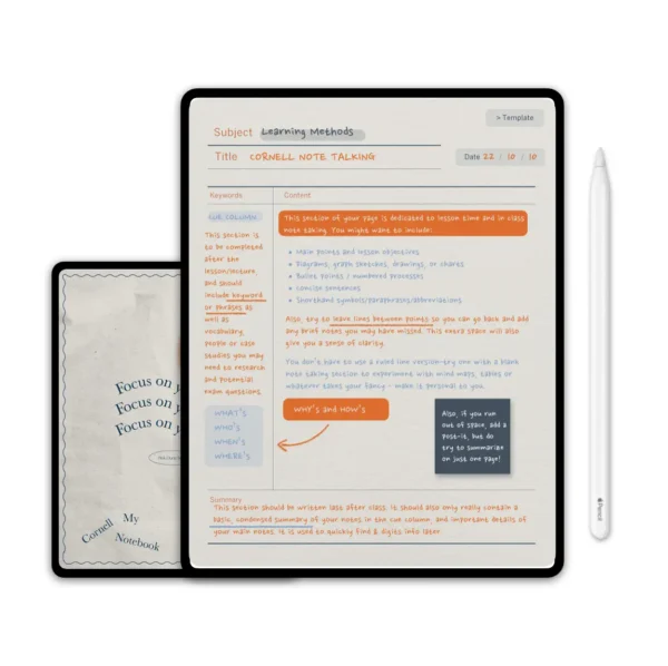 Real-world usage of the ipad planner template on a desk with an Apple Pencil.