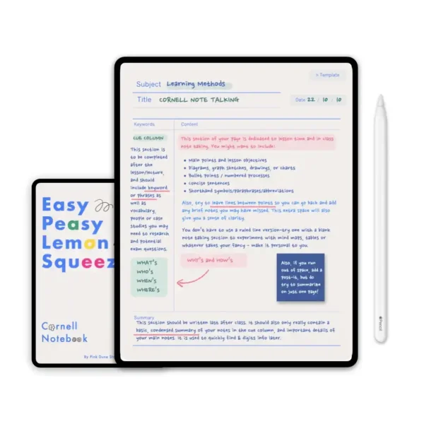 A minimalist white background view of the template digital Cornell notebook.