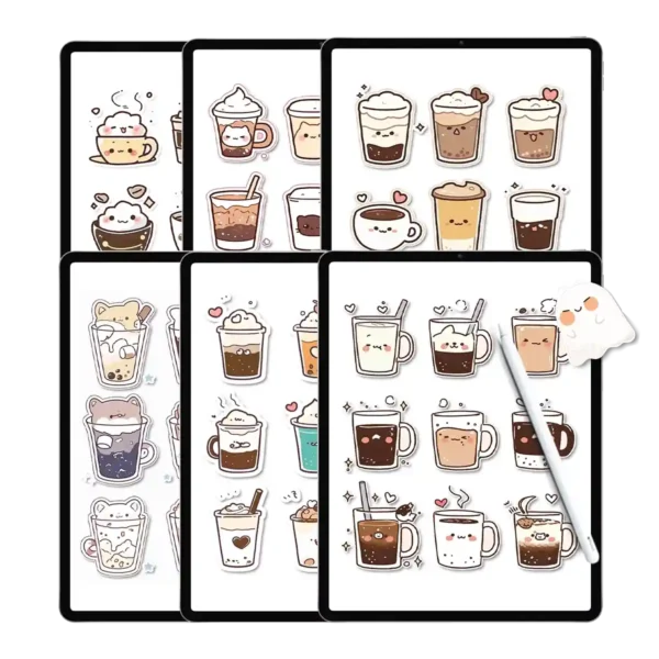 A collection of 105 cute reading stickers with a coffee theme displayed on multiple iPad screens.