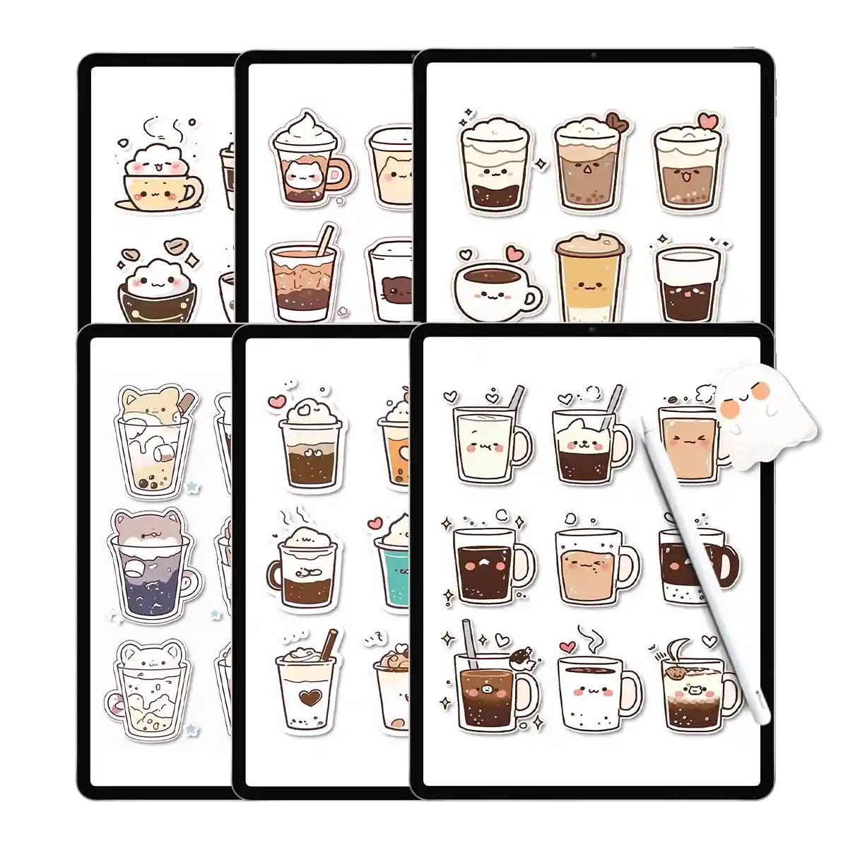 A collection of 105 cute reading stickers with a coffee theme displayed on multiple iPad screens.