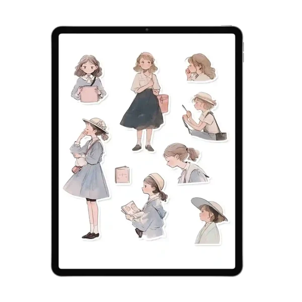 A creative sticker journal spread featuring various anime girl characters.