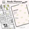 iPad showing the Study Planner cover with text bubbles highlighting features