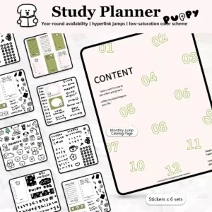 iPad showing the Study Planner cover with text bubbles highlighting features