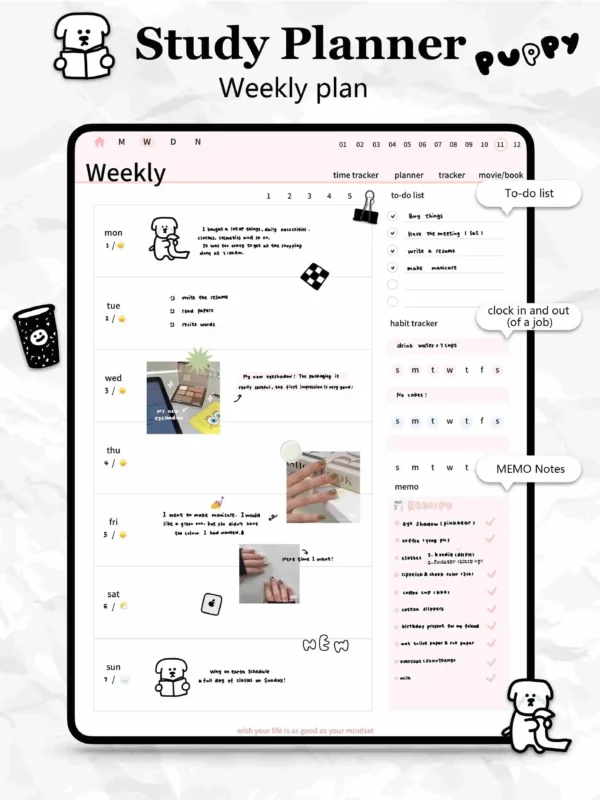 Weekly plan page featuring habit tracker, to-do list, and daily notes