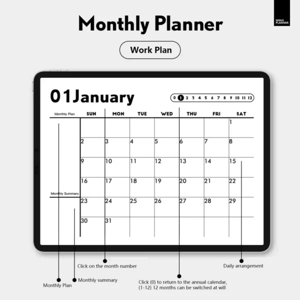 2026 monthly planner overview with functional clickable tabs and a clean grid layout.