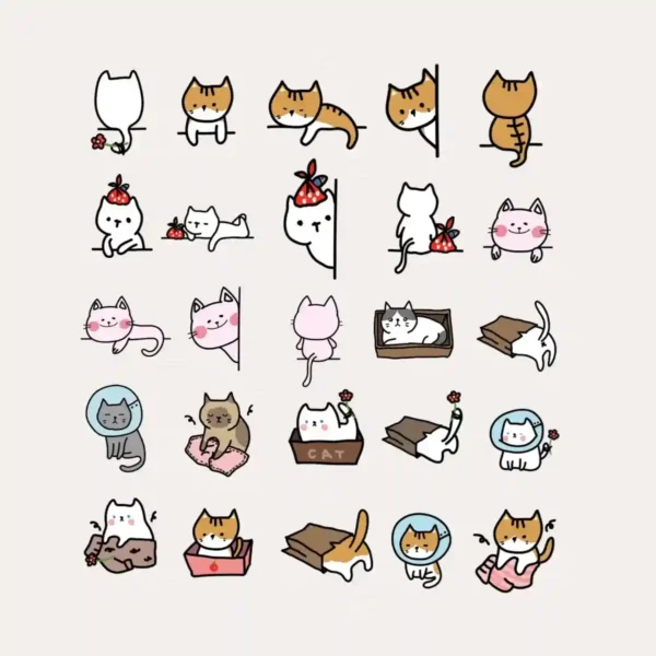 Playful Cat Characters in Sweet Poses - Adorable Kawaii Expressions for Custom Planner Layouts