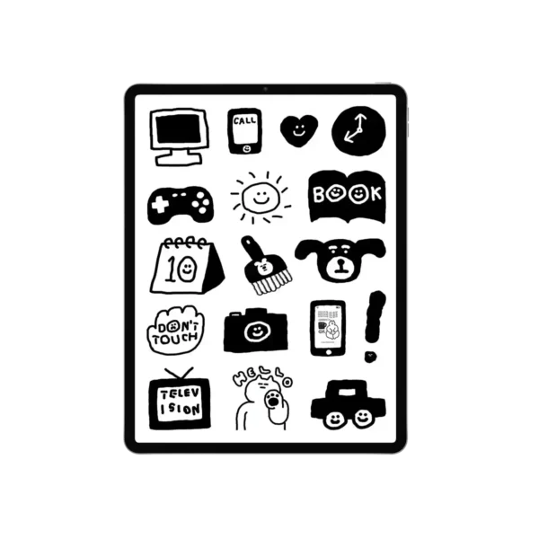 Set of 55 hand-drawn black and white planner stickers digital collection featuring quirky cartoon designs