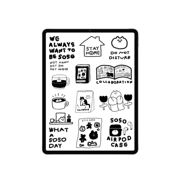 Set of 55 hand-drawn black and white planner stickers digital collection featuring quirky cartoon designs