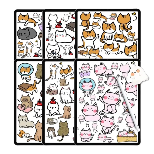 120 Kawaii Cat Digital Sticker Collection 🐾 - Free Hand-Drawn Flat Style Stickers for Planners