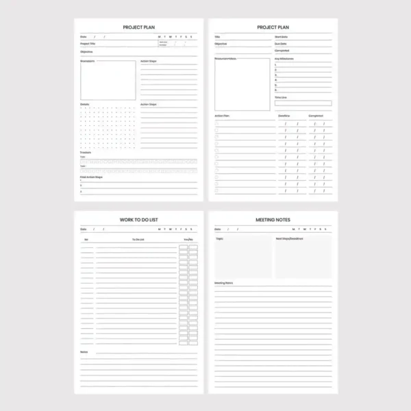 4-in-1 collage of project plans, to-do lists, and meeting minutes template pdf.