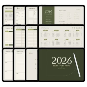 Digital calendar planner 2026 Matcha Green edition shown on an iPad Pro with Apple Pencil.