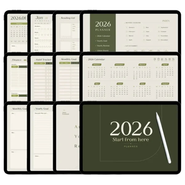 Digital calendar planner 2026 Matcha Green edition shown on an iPad Pro with Apple Pencil.