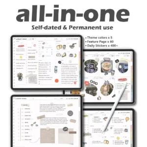 Digital ipad planner showing 5 theme colors: brown, blue, red, black.