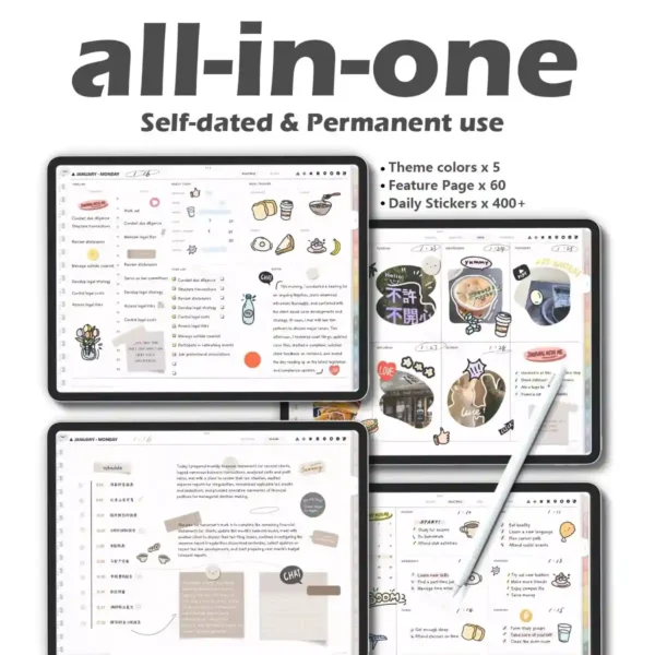 Digital ipad planner showing 5 theme colors: brown, blue, red, black.