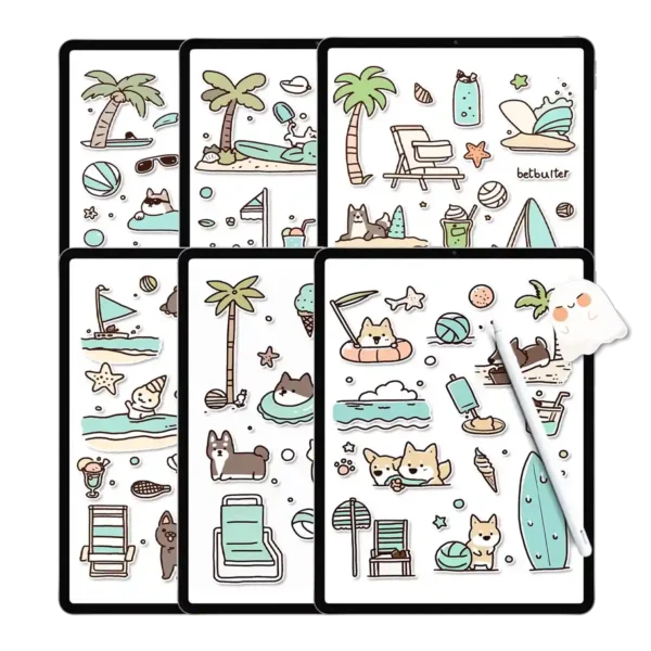 A vibrant collection of holiday stickers from the Beach Vacation Bundle, featuring a dog in sunglasses and a coconut drink, perfect as stickers for planner decorating.