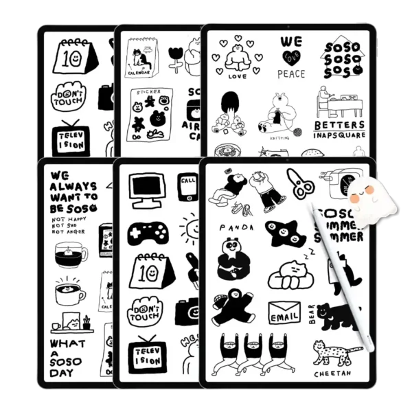 Set of 55 hand-drawn black and white planner stickers digital collection featuring quirky cartoon designs