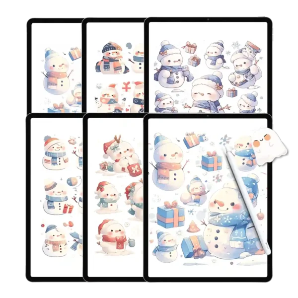 A collection of cute digital stickers featuring snowmen and winter scenes, designed as stickers for iPad in planners