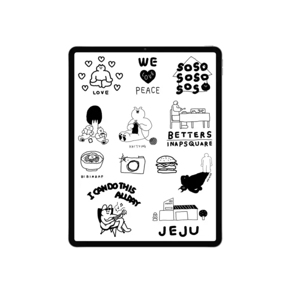 Set of 55 hand-drawn black and white planner stickers digital collection featuring quirky cartoon designs